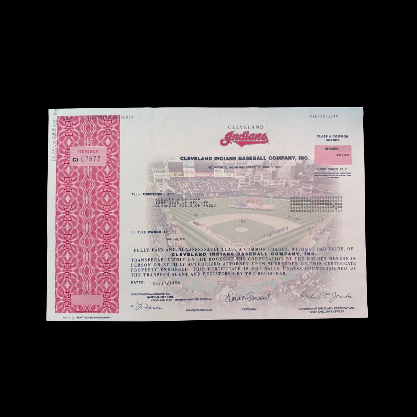 Cleveland Indians Baseball Company Stock Certificate from 1998