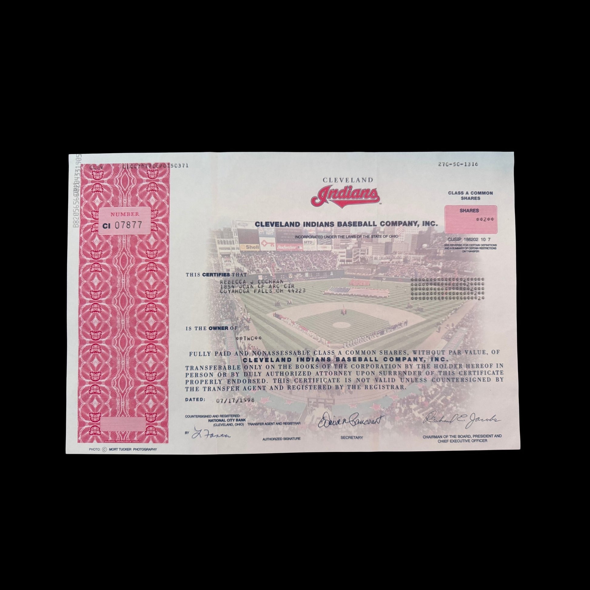 Cleveland Indians Baseball Company Stock Certificate from 1998