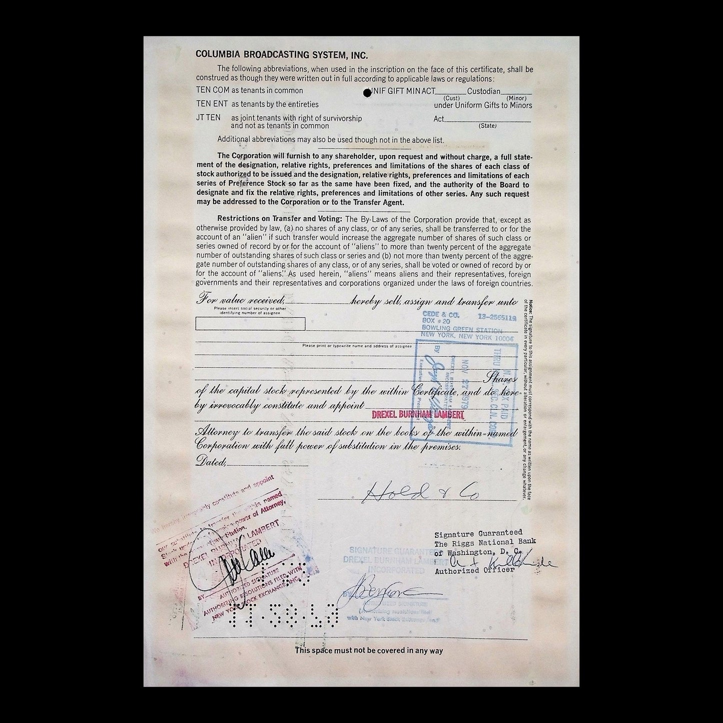 Columbia Broadcasting System, Inc. Stock Certificate from 1975