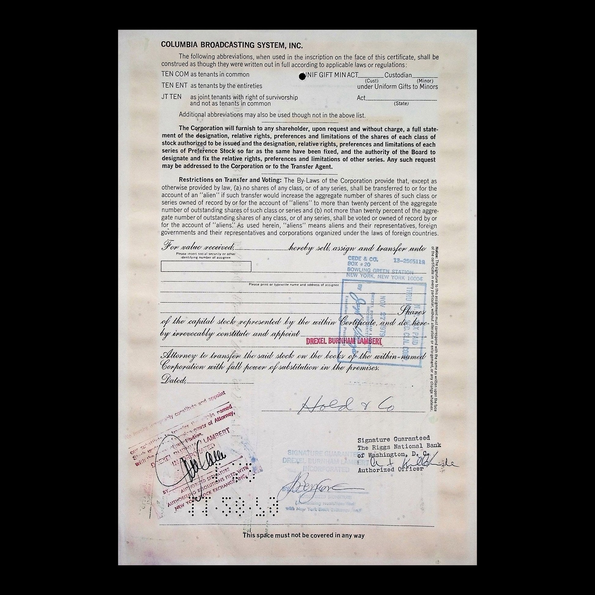 Columbia Broadcasting System, Inc. Stock Certificate from 1975