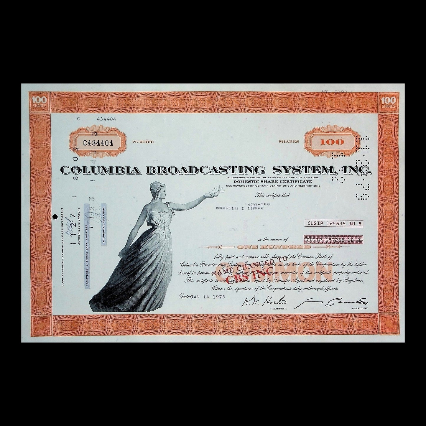 Columbia Broadcasting System, Inc. Stock Certificate from 1975