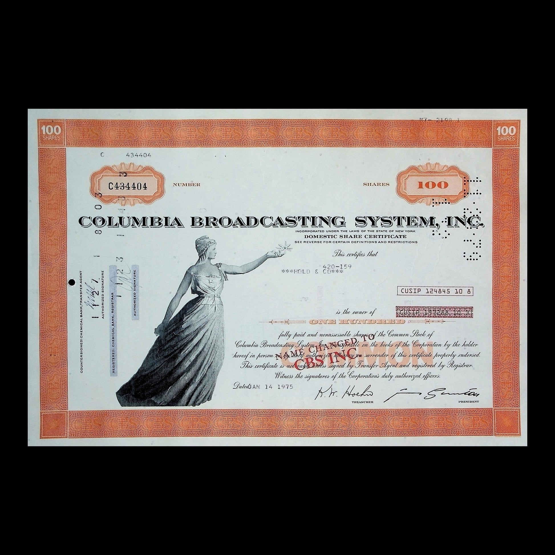 Columbia Broadcasting System, Inc. Stock Certificate from 1975