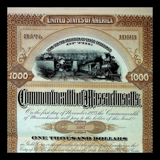 Commonwealth of Massachusetts Bond Certificate from 1896 with Coupons
