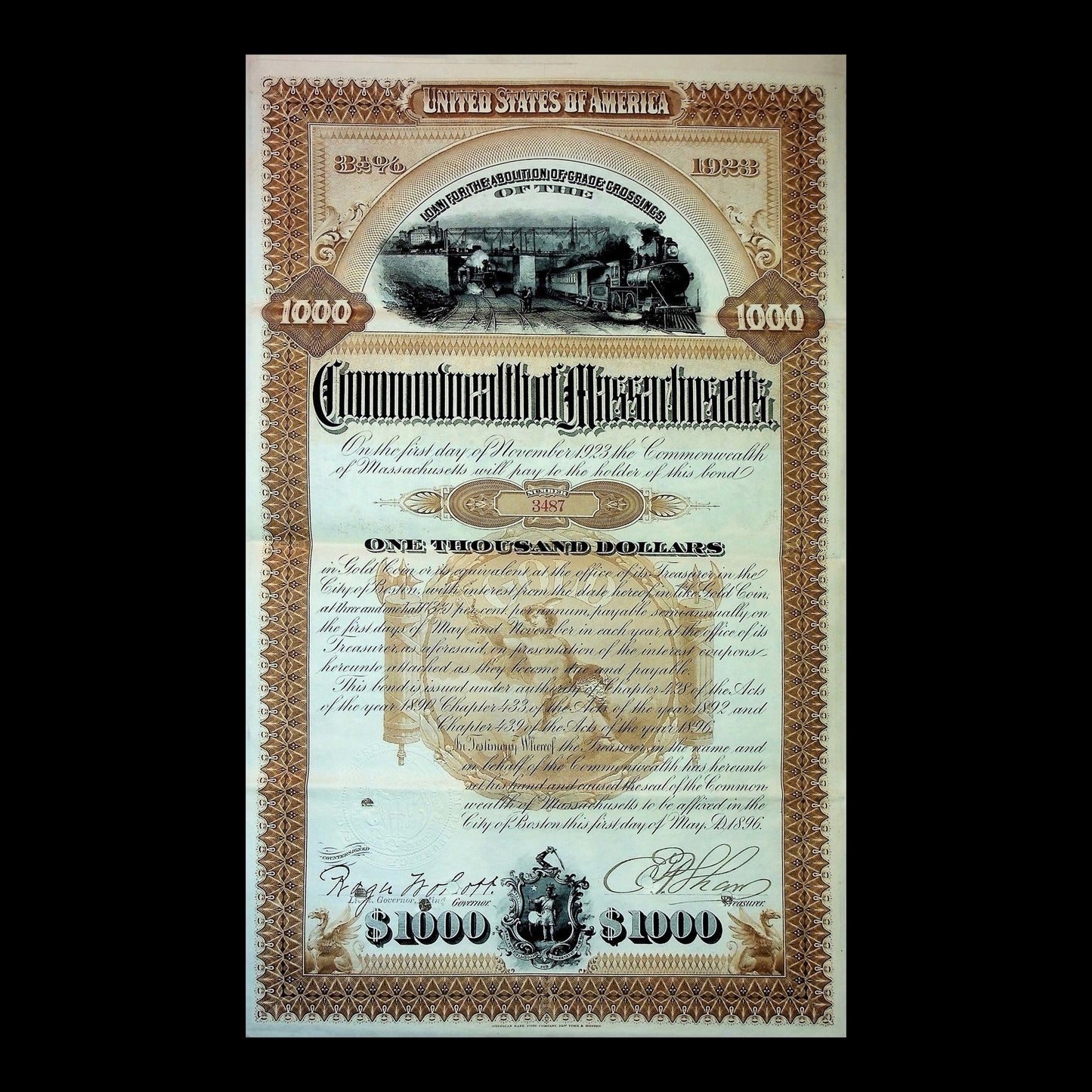 Commonwealth of Massachusetts Bond Certificate from 1896 with Coupons