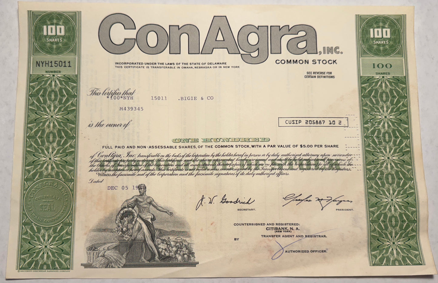 ConAgra Inc Stock Certificate green certificate