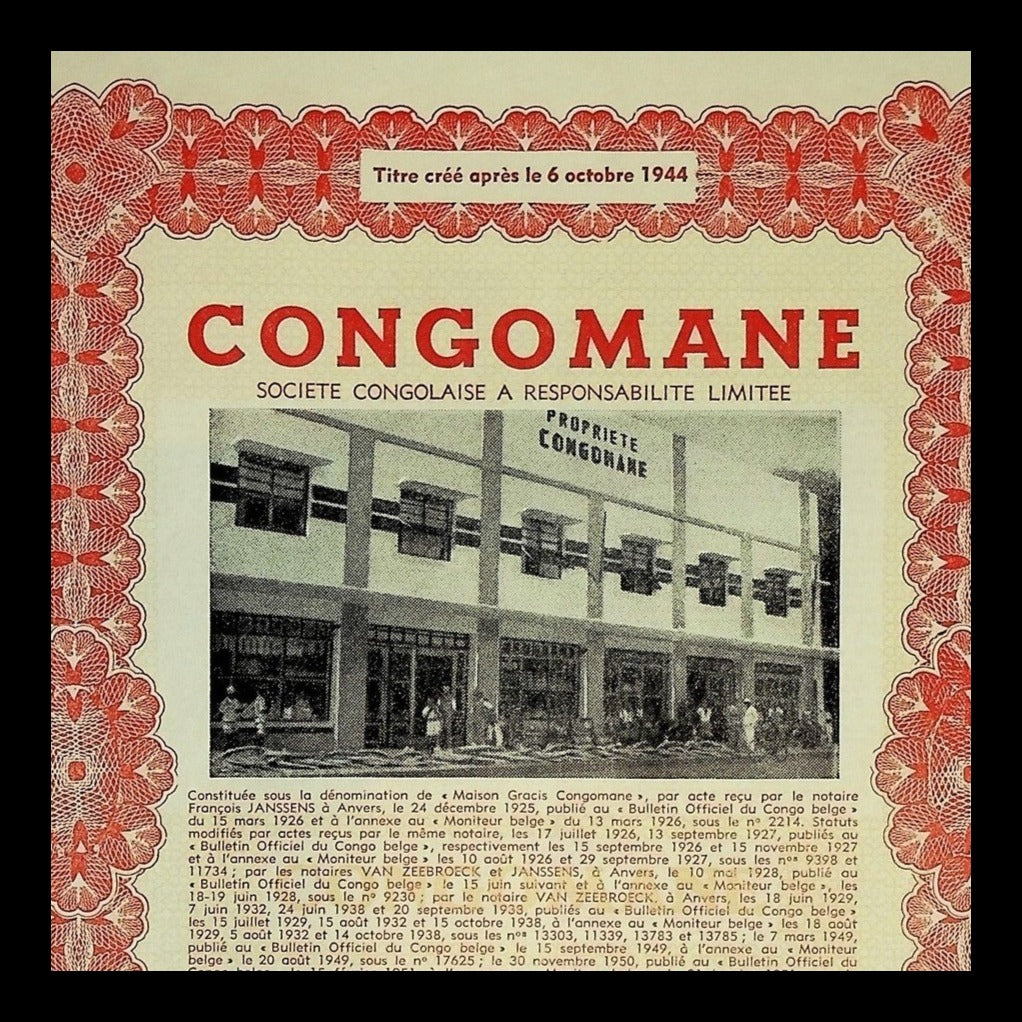 Congomane Societe Congolaise Stock Certificate from 1944