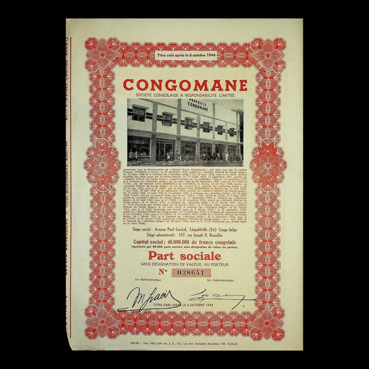 Congomane Societe Congolaise Stock Certificate from 1944