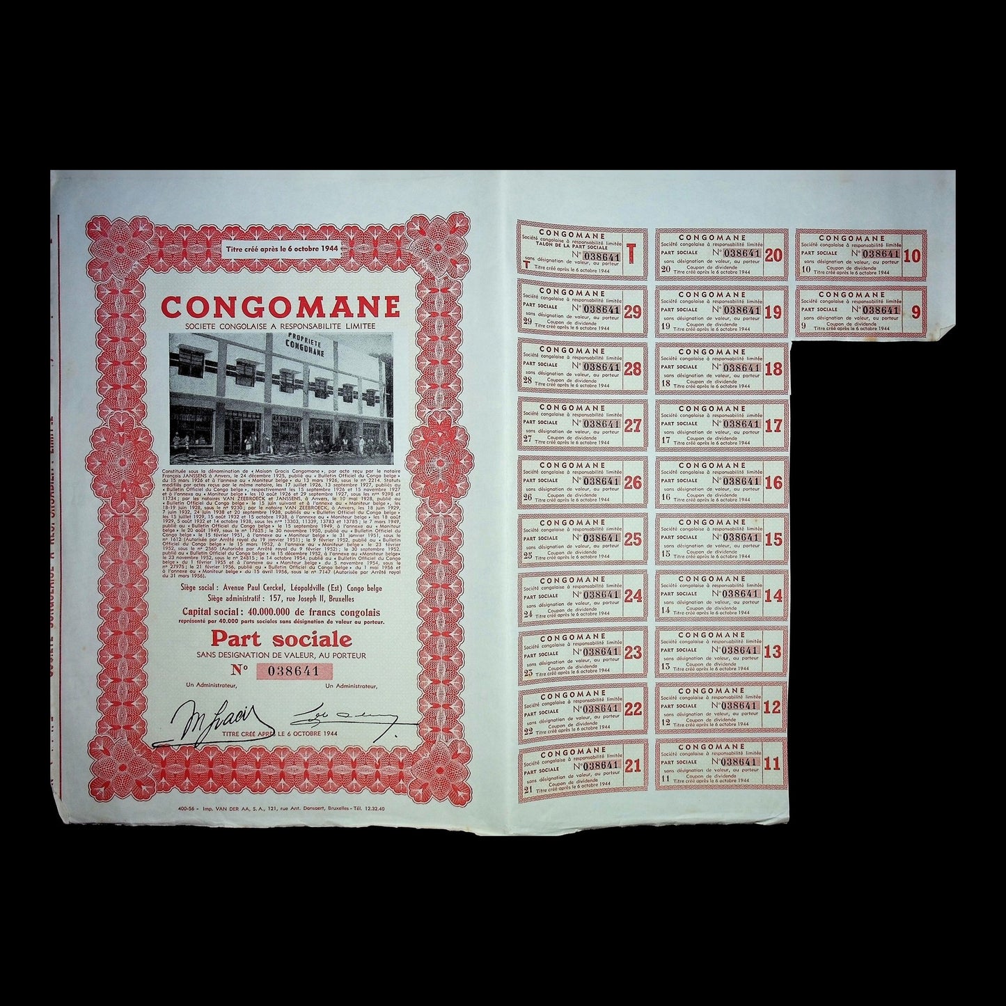 Congomane Societe Congolaise Stock Certificate from 1944