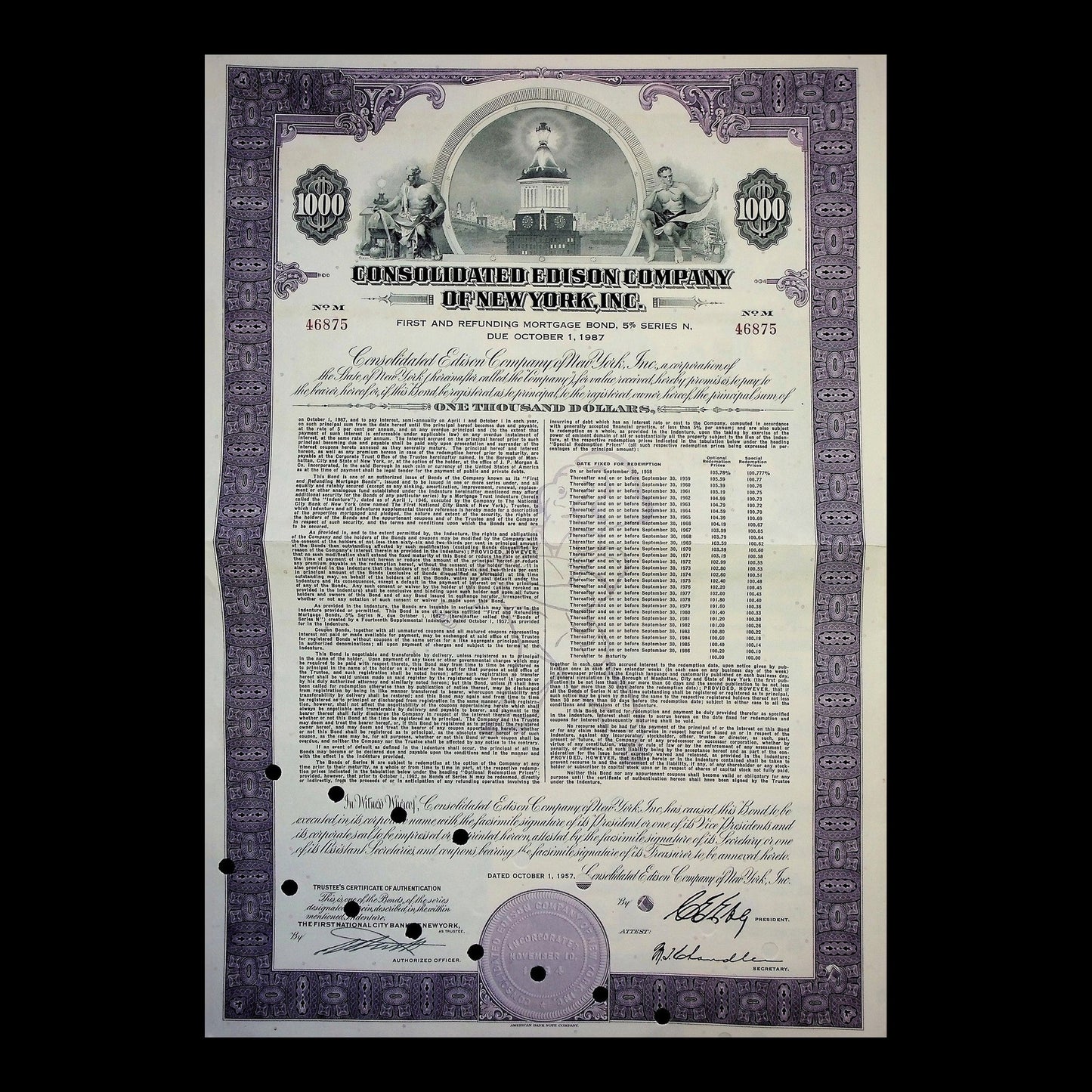 Consolidated Edison Company Bond from 1957