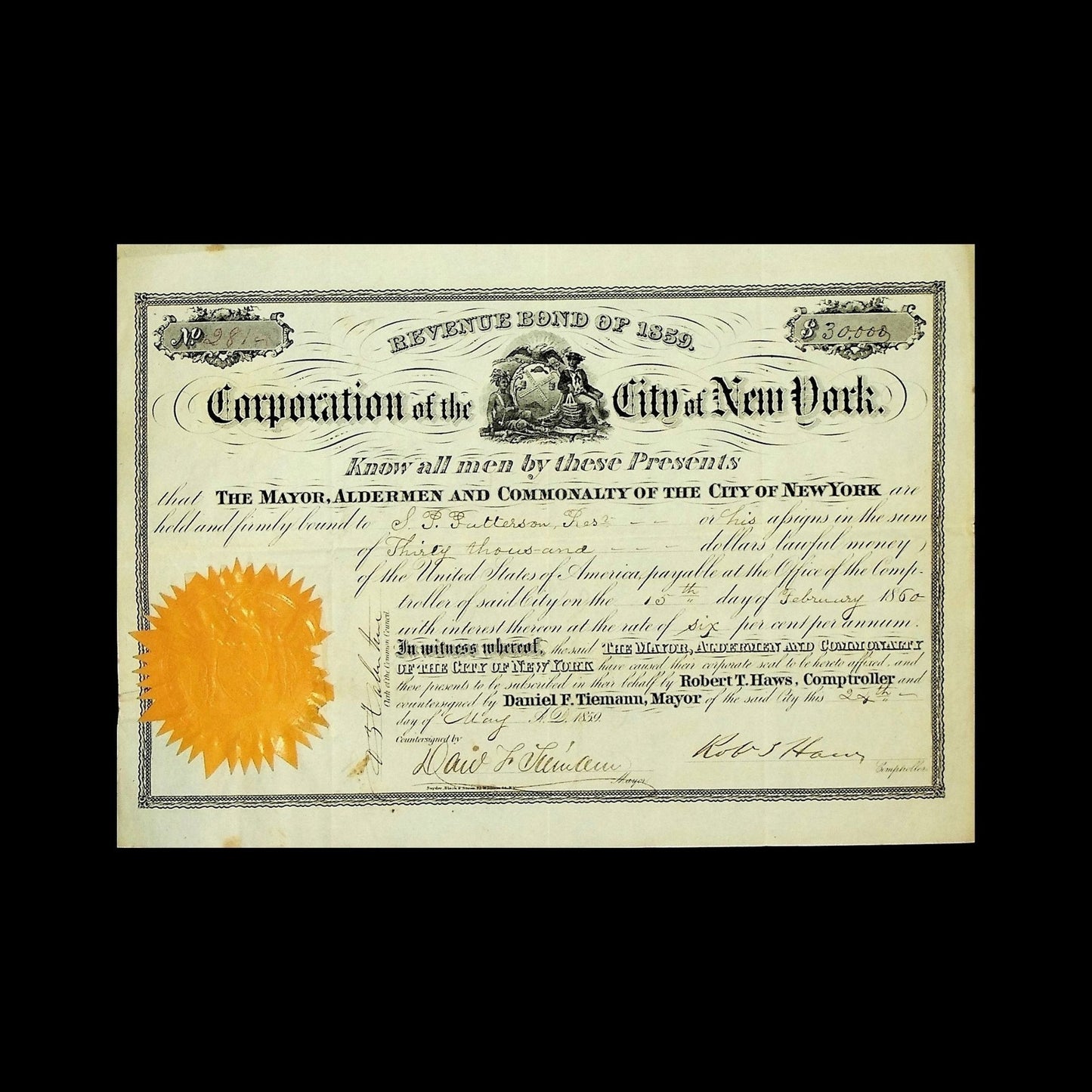Corporation of the City of New York Revenue Bond from 1850
