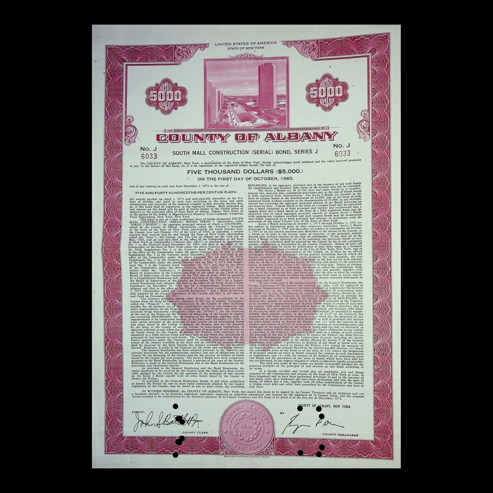 County of Albany Bond from 1965