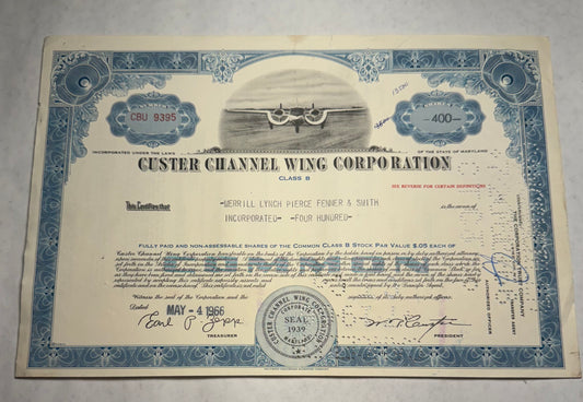 Cluster Channel Wing Corporation Stock Certificate