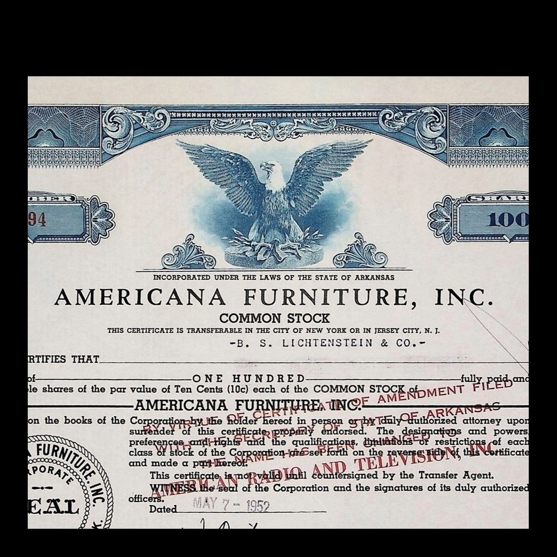 Americana Furniture, Inc. Stock Certificate from 1952