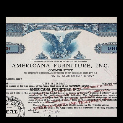 Americana Furniture, Inc. Stock Certificate from 1952