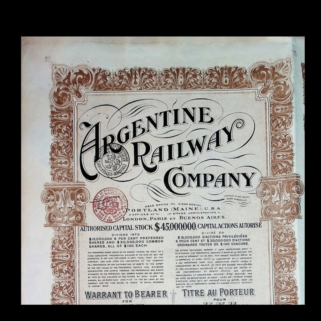 Argentine Railway Company Stock Certificate from 1912