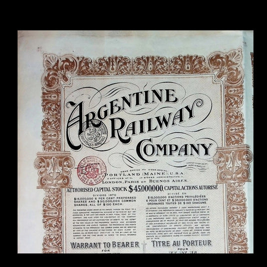 Argentine Railway Company Stock Certificate from 1912