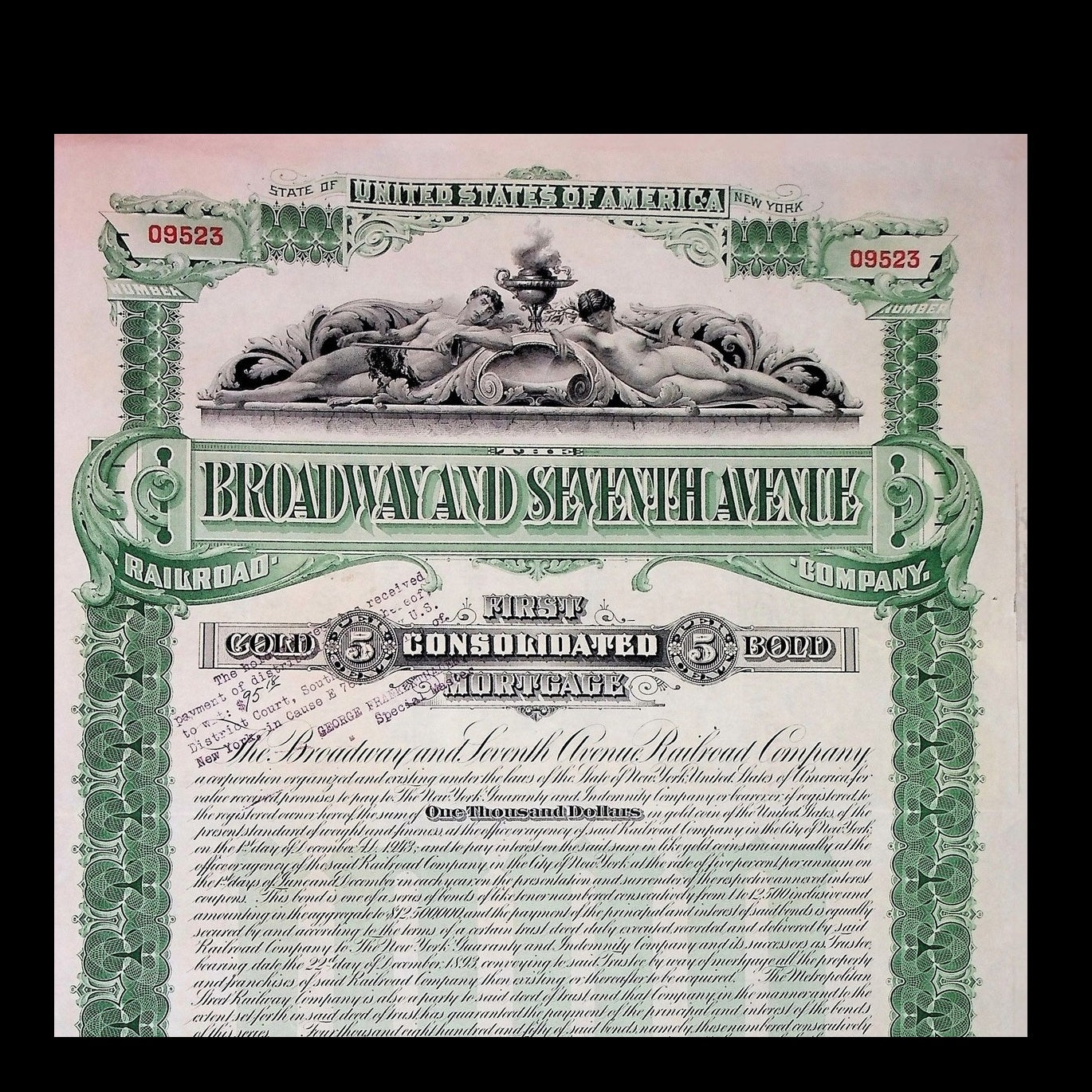 Broadway and Seventh Avenue Railroad Company Bond from 1893