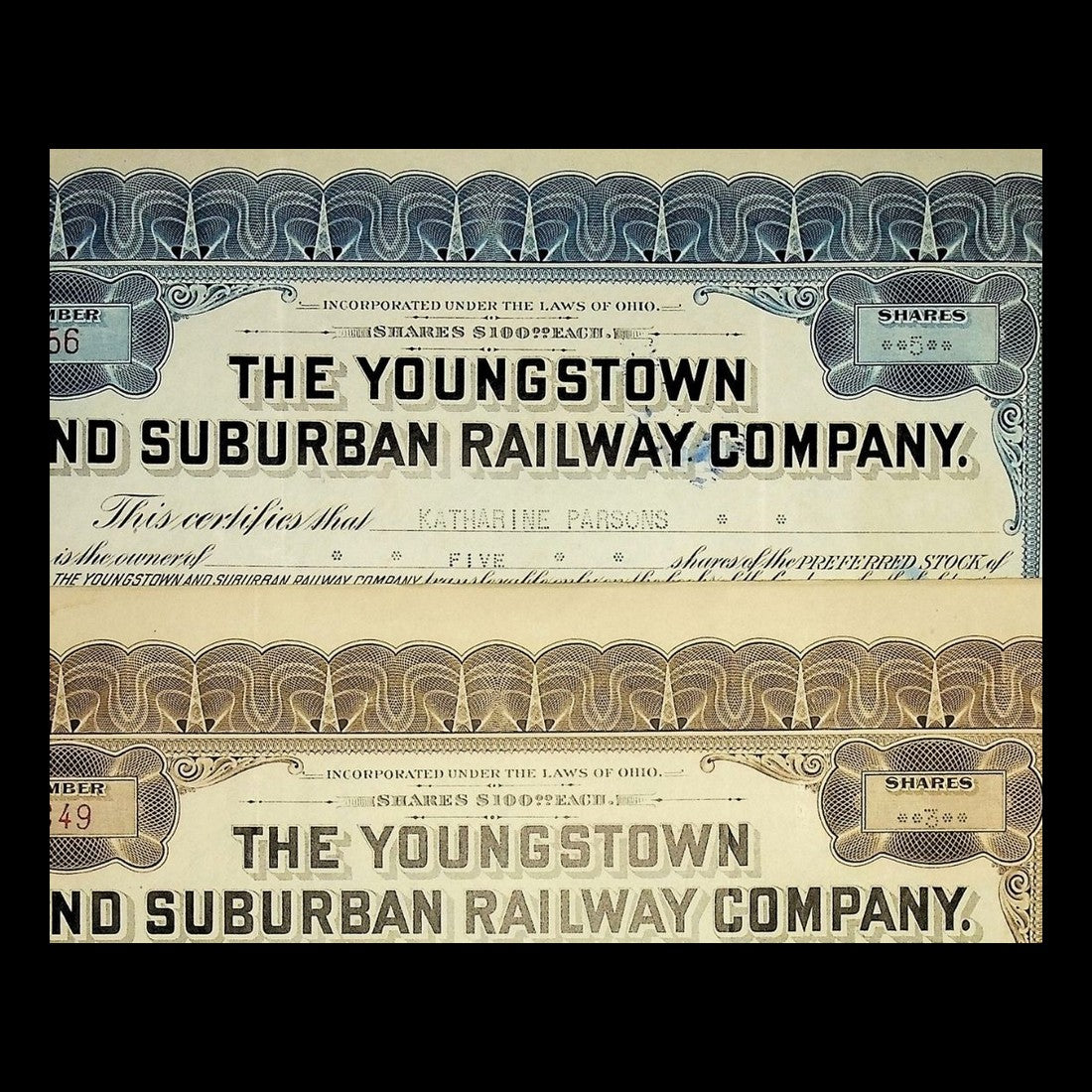 Youngstown and Suburban Railway Company Stock Certificate from 1915