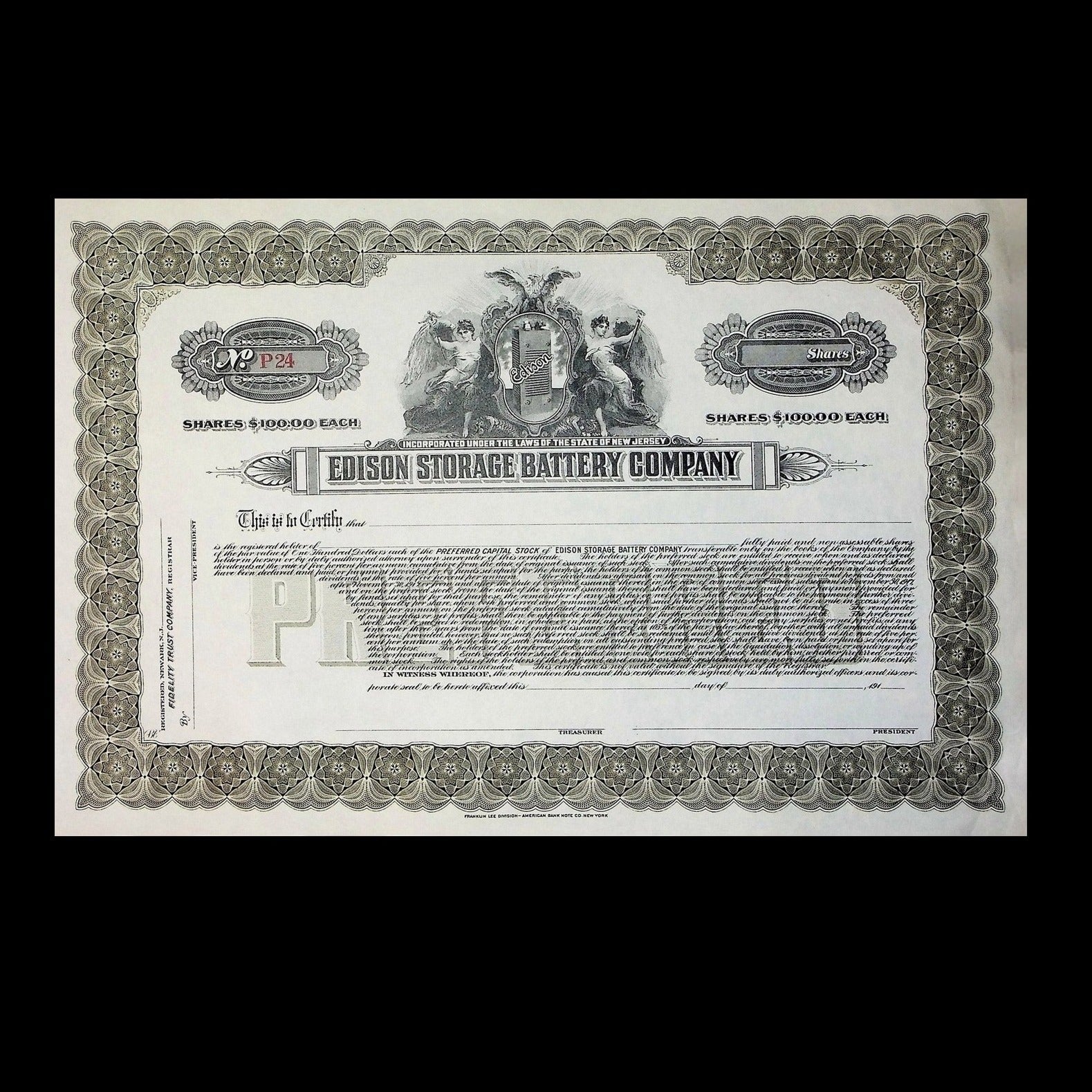 Edison Storage Battery Company Stock Certificate from 1900