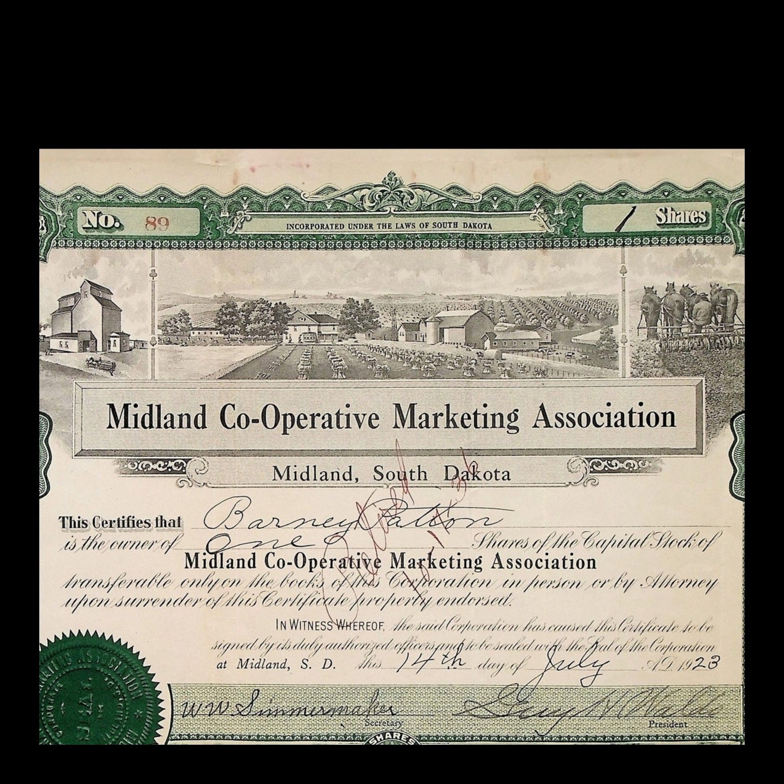 Midland Co-Operative Marketing Association Stock Certificate from 1923