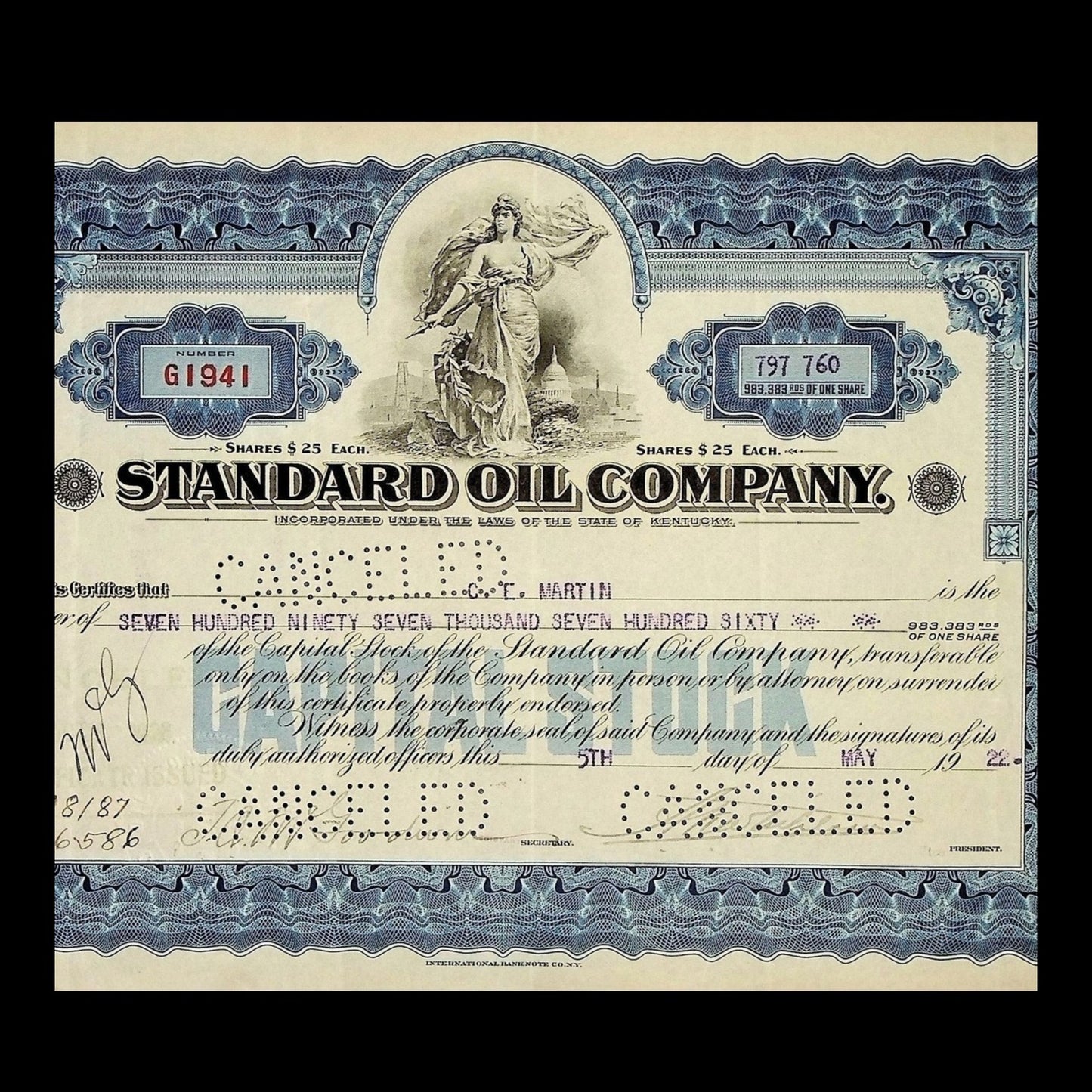 Standard Oil Company Stock Certificate from 1922