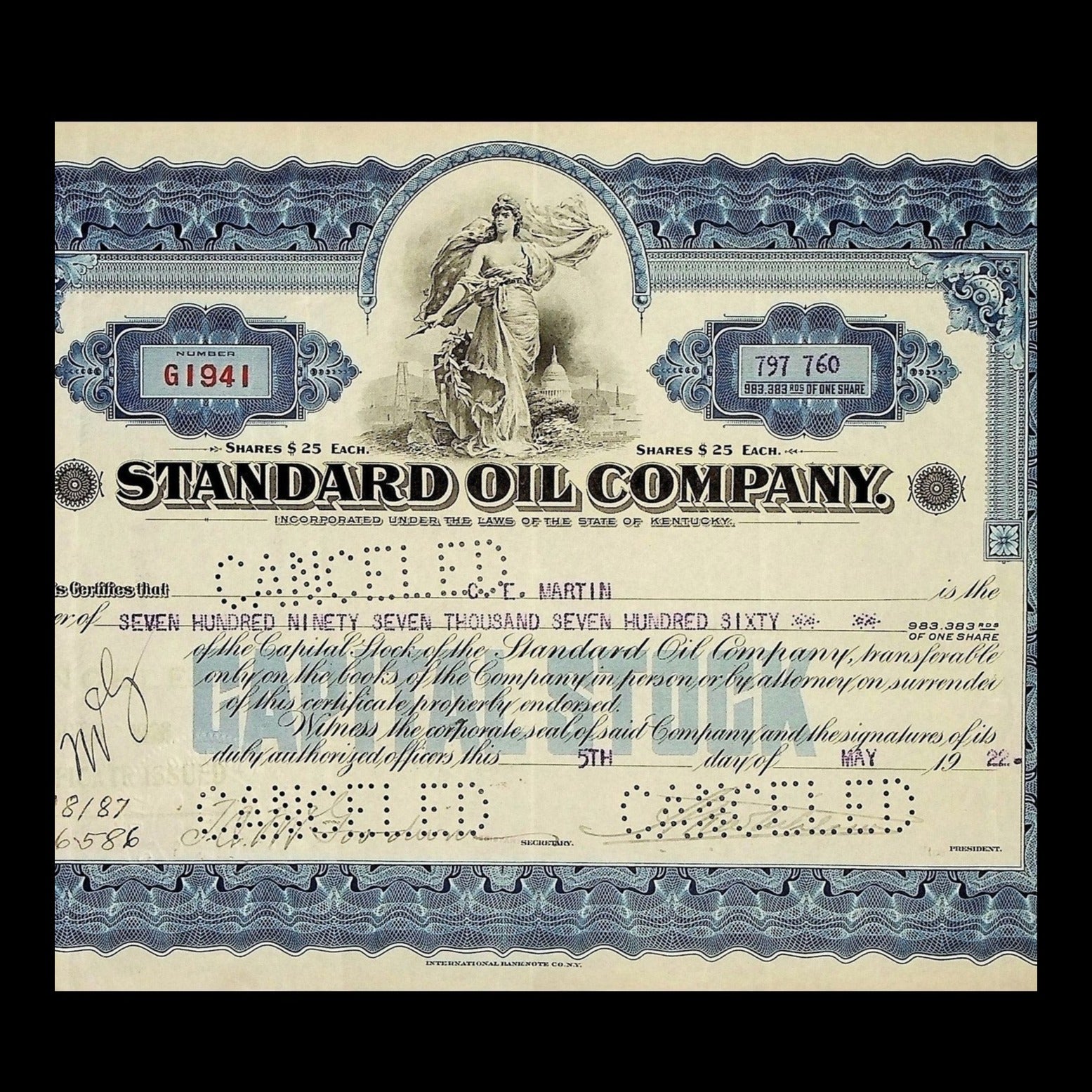 Standard Oil Company Stock Certificate from 1922