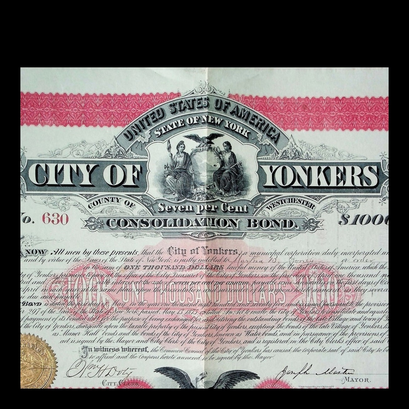 City of Yonkers Consolidation Bond from 1875 signed by Mayor Joseph Masten