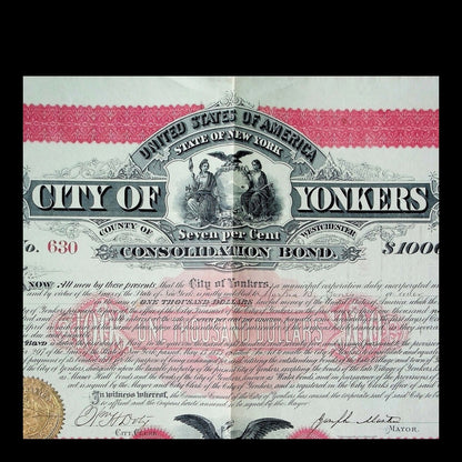 City of Yonkers Consolidation Bond from 1875 signed by Mayor Joseph Masten
