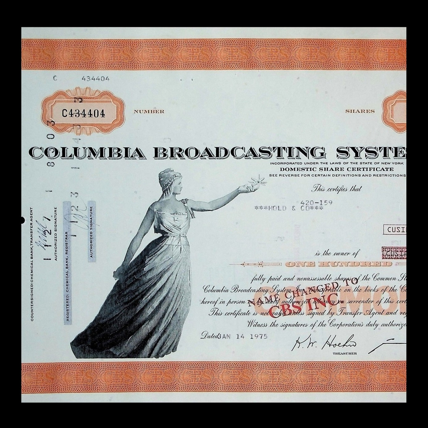 Columbia Broadcasting System, Inc. Stock Certificate from 1975 now Viacom/ Paramount