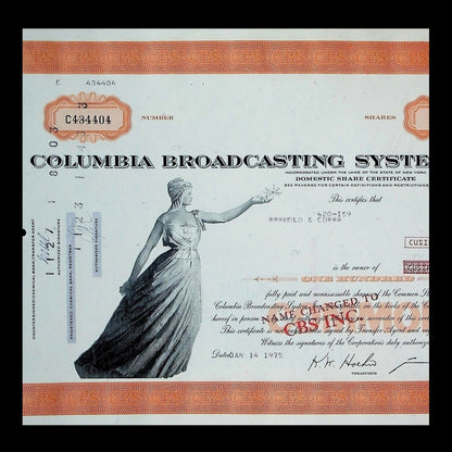 Columbia Broadcasting System, Inc. Stock Certificate from 1975 now Viacom/ Paramount