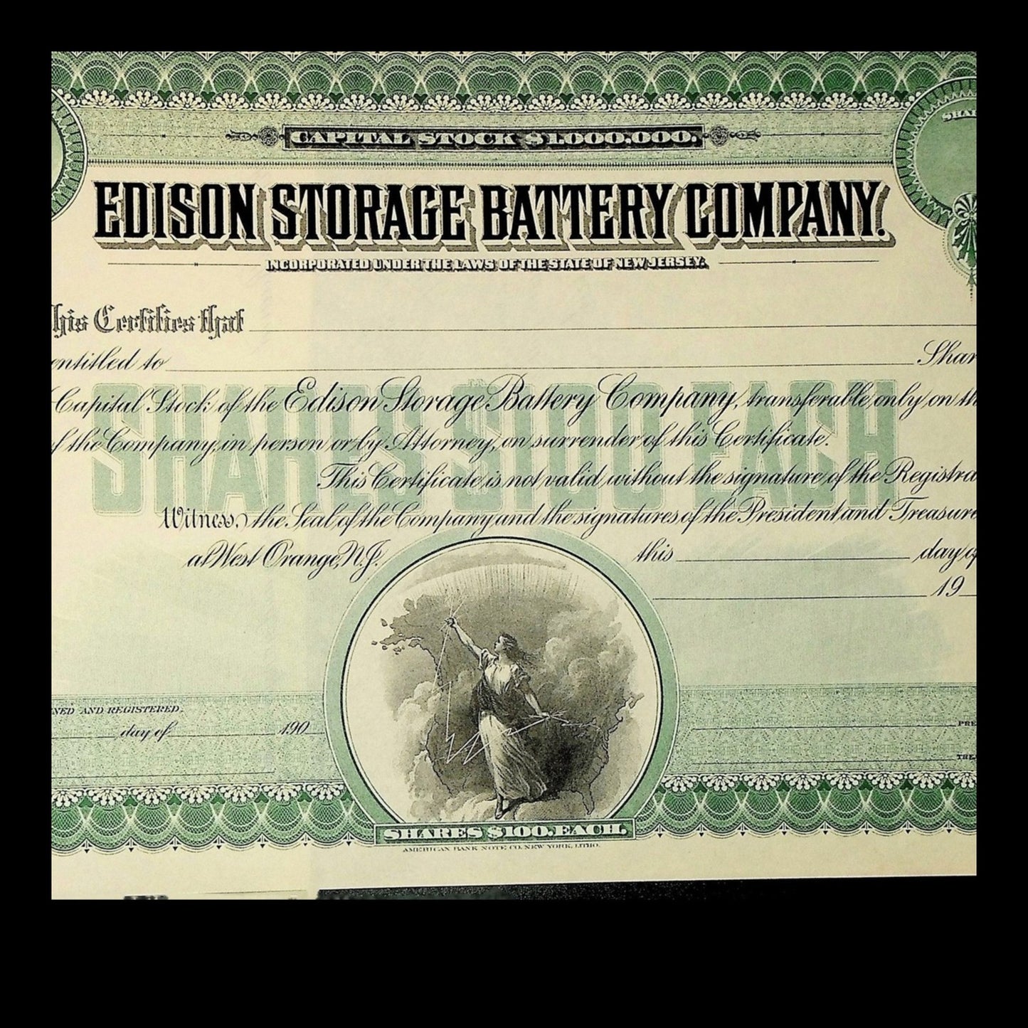 Edison Storage Battery Company Stock Certificate from 1900