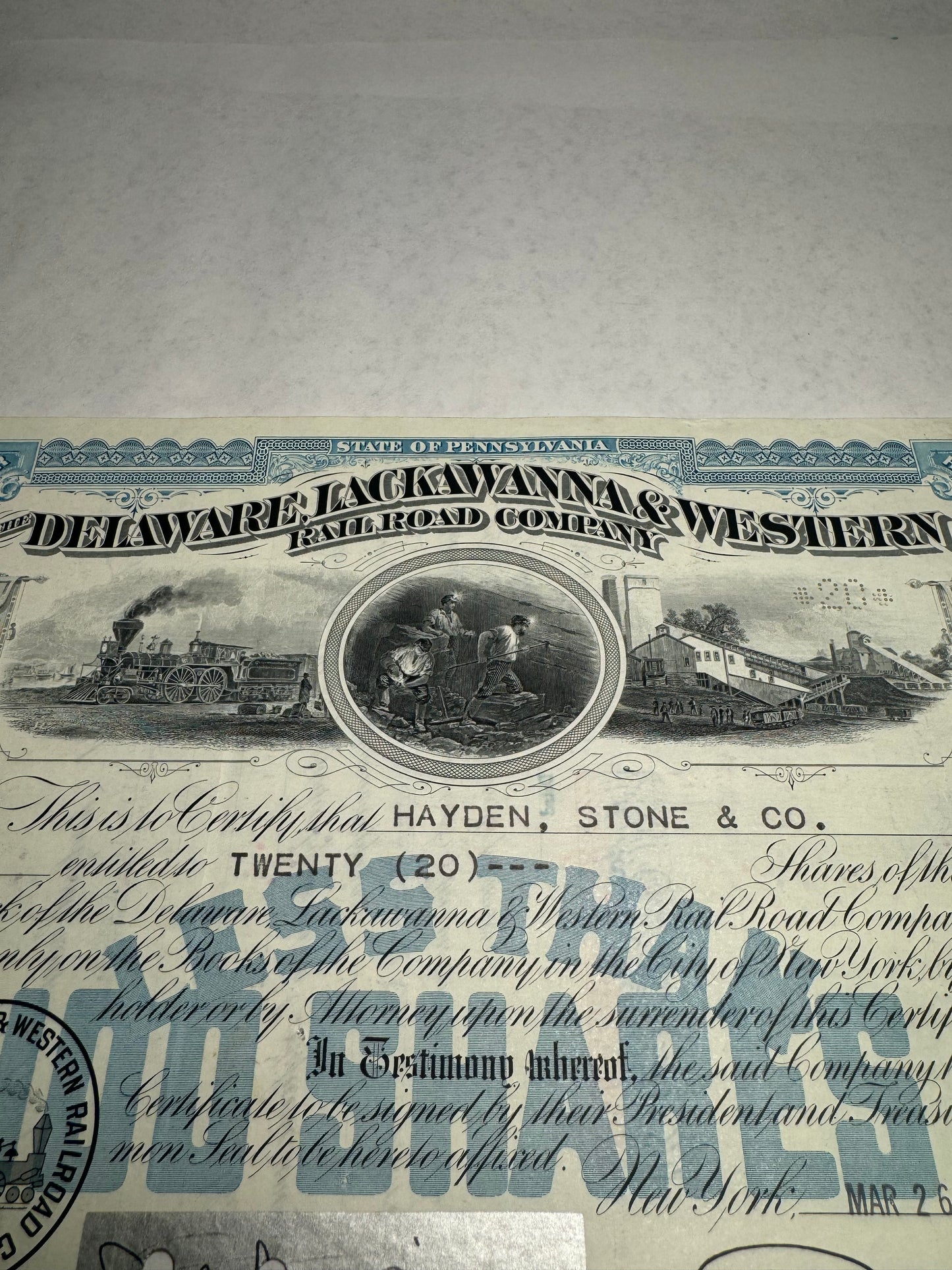 Delaware Lackawanna & Western Railroad Company Stock Certificate