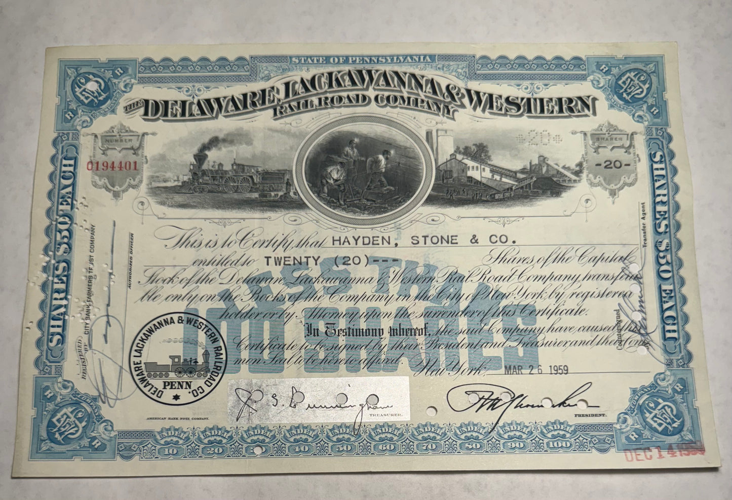 Delaware Lackawanna & Western Railroad Company Stock Certificate