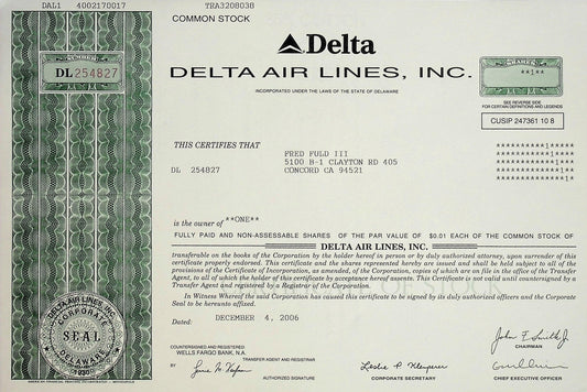 Delta Air Lines, Inc Stock Certificate