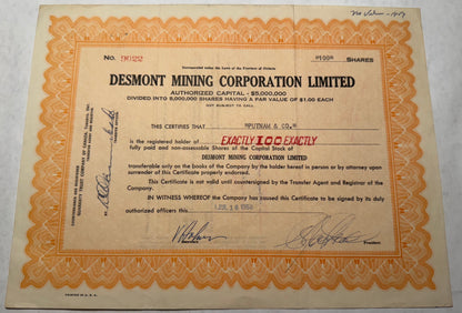 Desmont Mining Corporation Ltd Stock Certificate, orange certificate from 1958 Stamps present. 