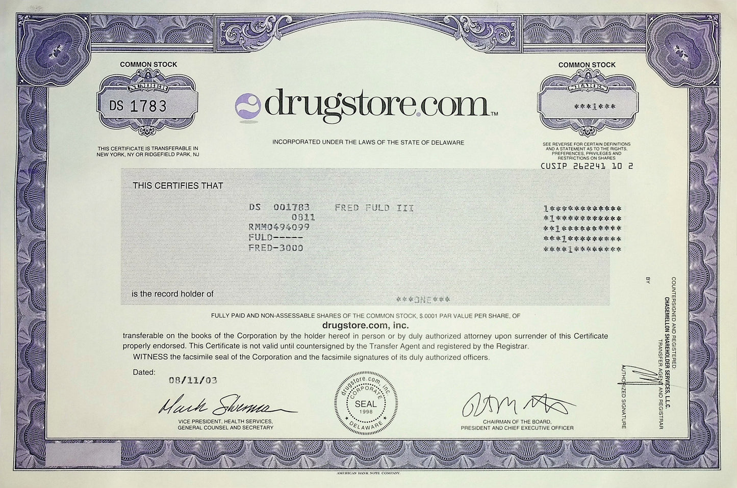 Drugstore.com Stock Certificate (now Walgreens) from 2003