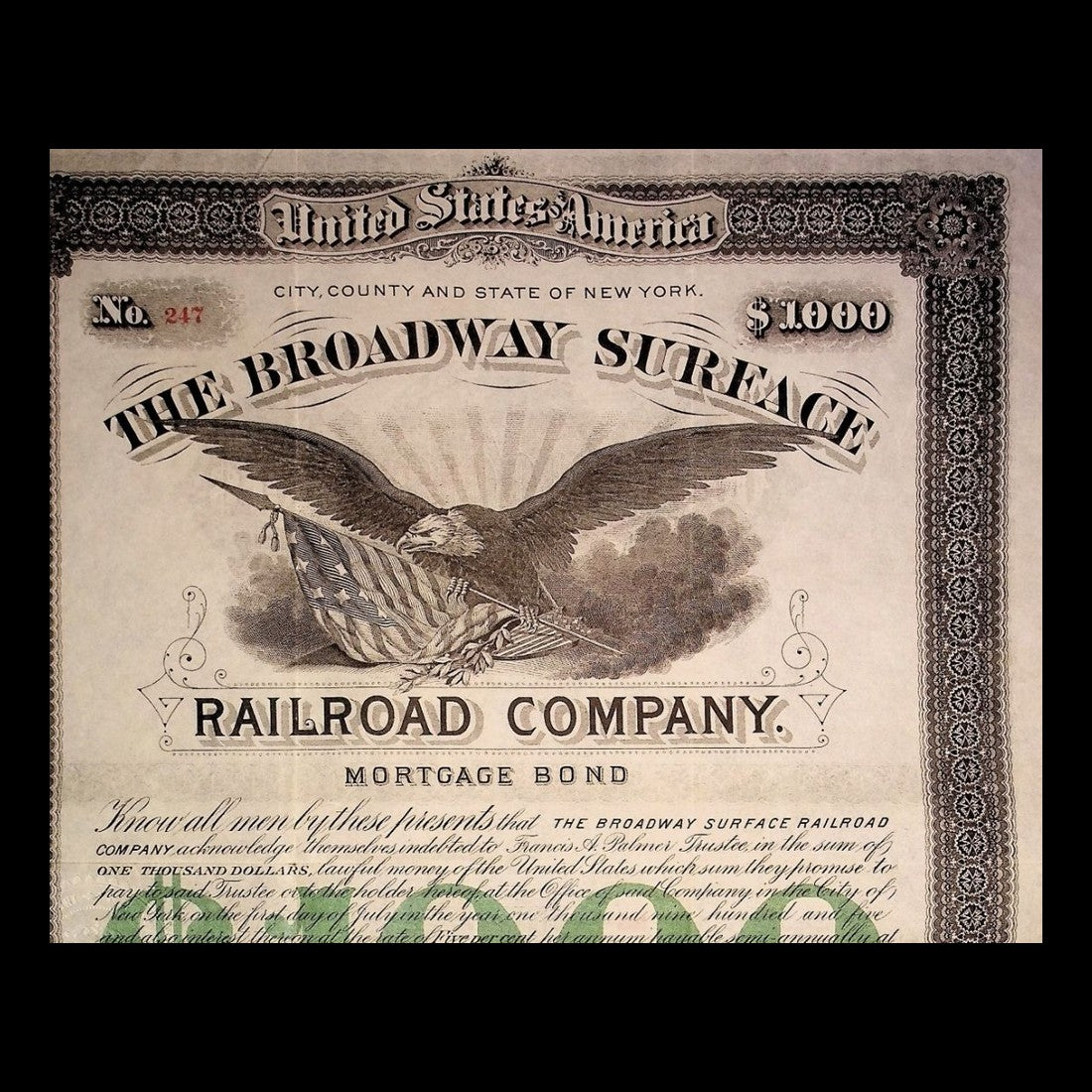 Broadway Surface Railroad Company Mortgage Bond from 1800s