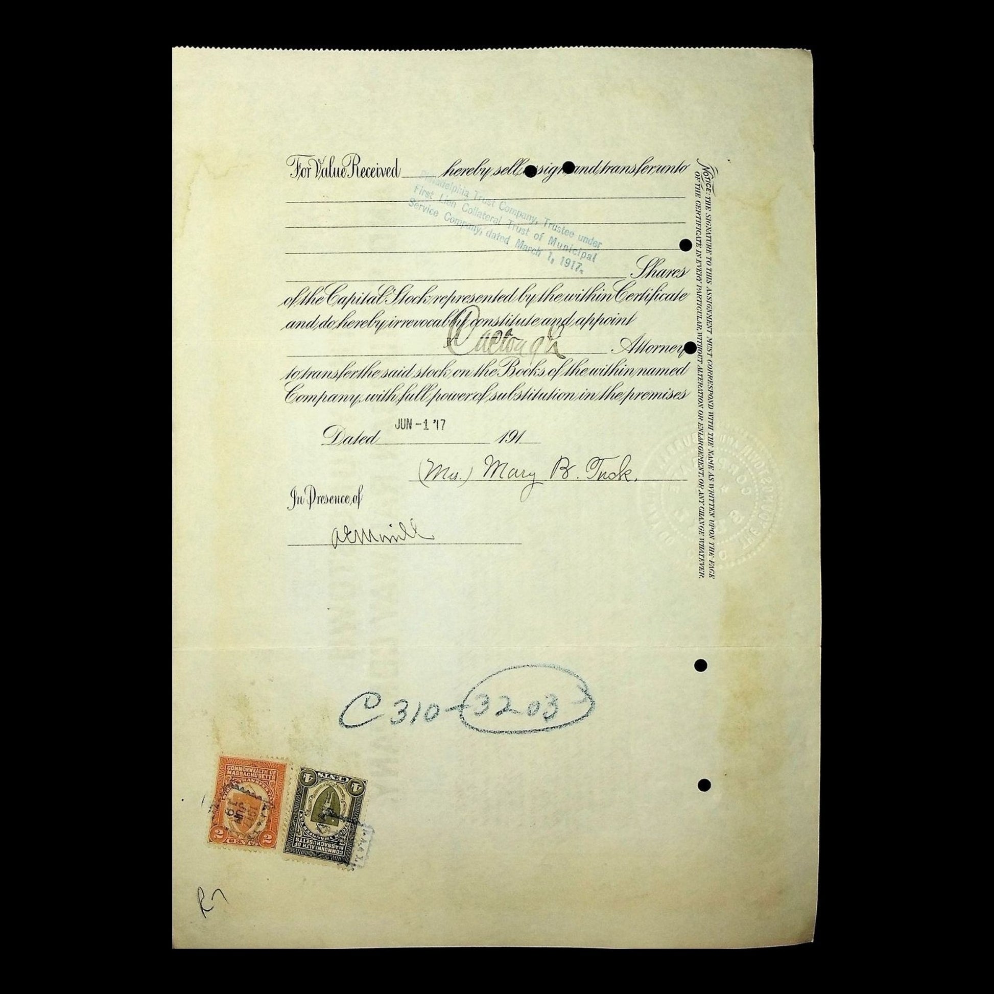 Youngstown and Suburban Railway Company Stock Certificate from 1915