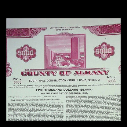 County of Albany Bond Certificate from 1973 now Empire State Plaza