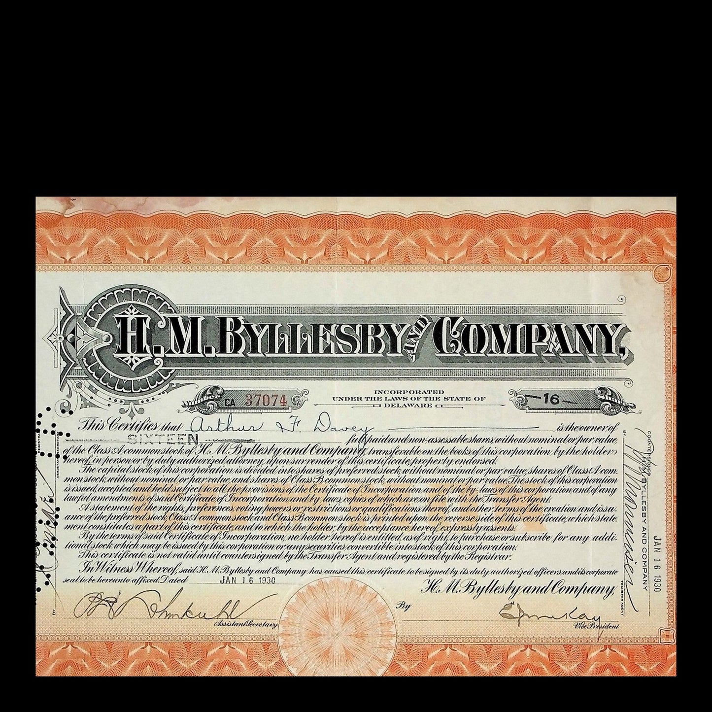 H. M. Byllesby and Company Stock Certificate from 1930