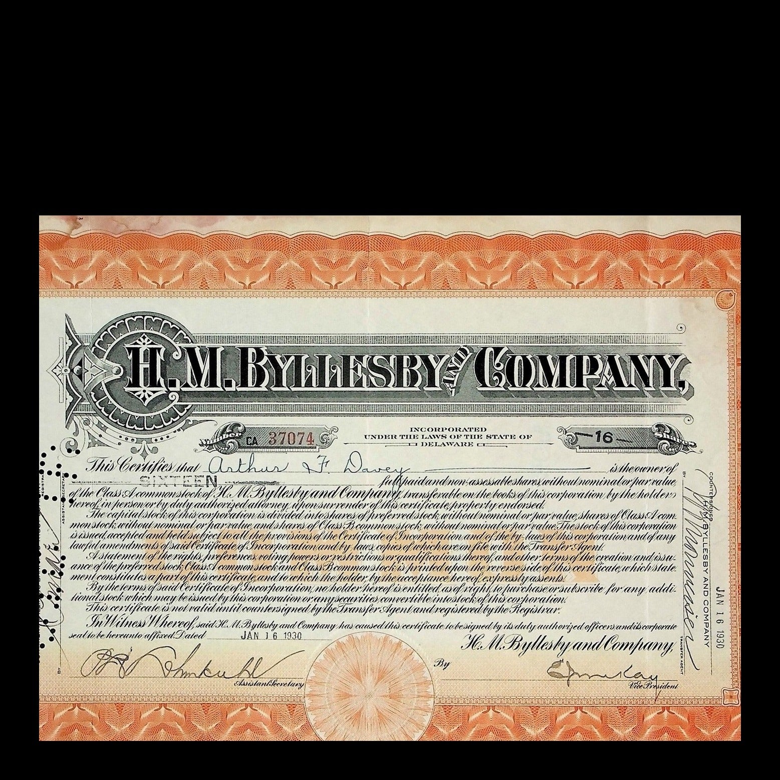 H. M. Byllesby and Company Stock Certificate from 1930