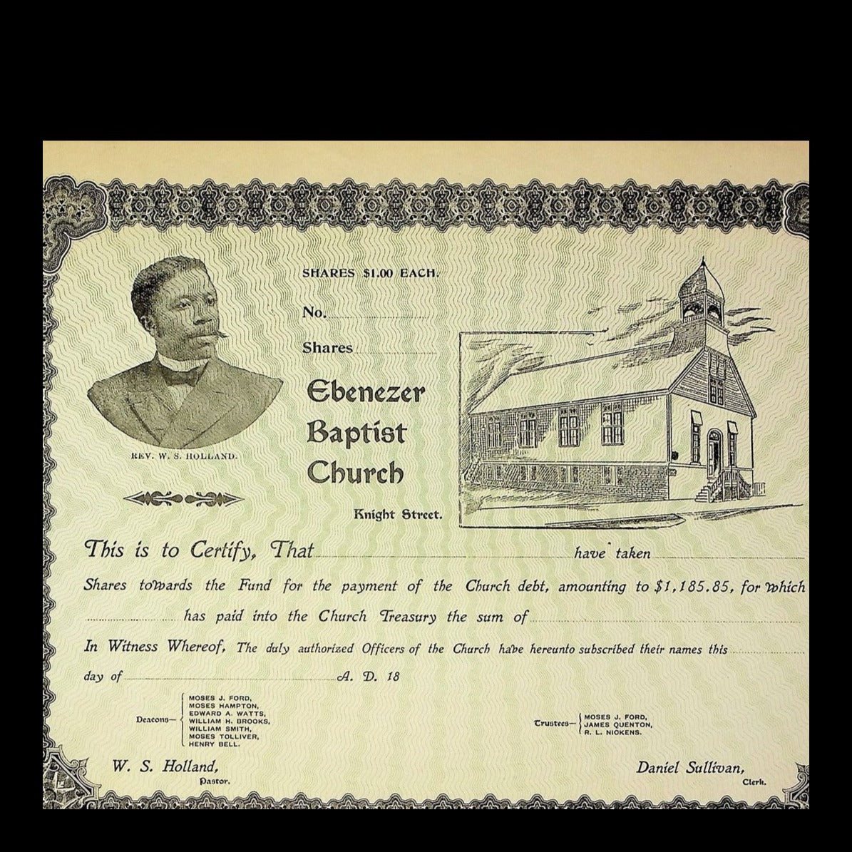 Ebenezer Baptist Church Stock Certificate from 1800s