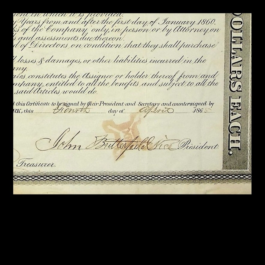 American Express Company Stock Certificate from 1865 Signed by Fargo & John Butterfield