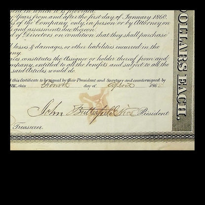 American Express Company Stock Certificate from 1865 Signed by Fargo & John Butterfield