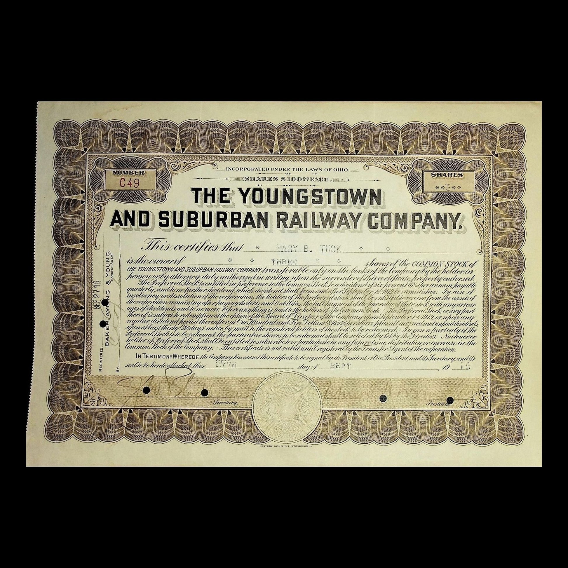 Youngstown and Suburban Railway Company Stock Certificate from 1915