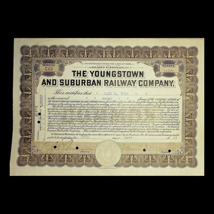 Youngstown and Suburban Railway Company Stock Certificate from 1915