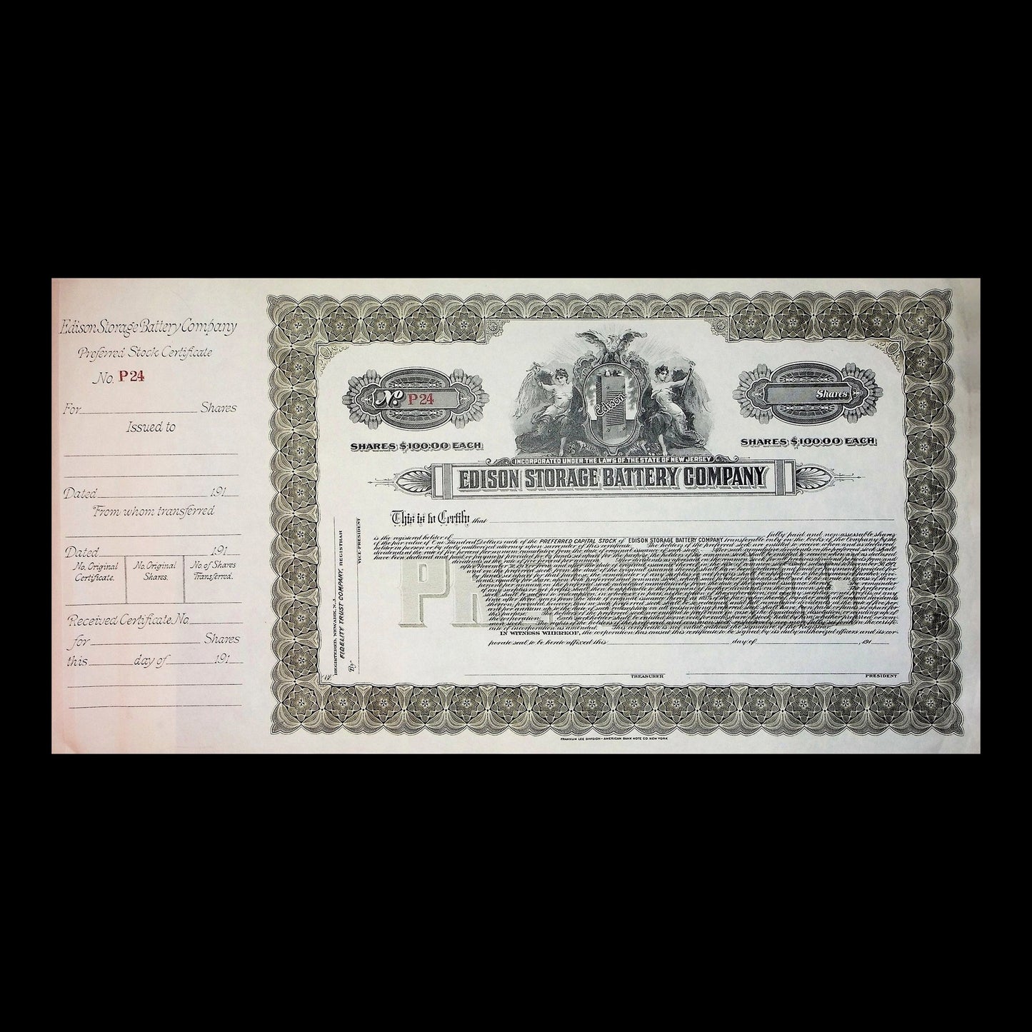 Edison Storage Battery Company Stock Certificate