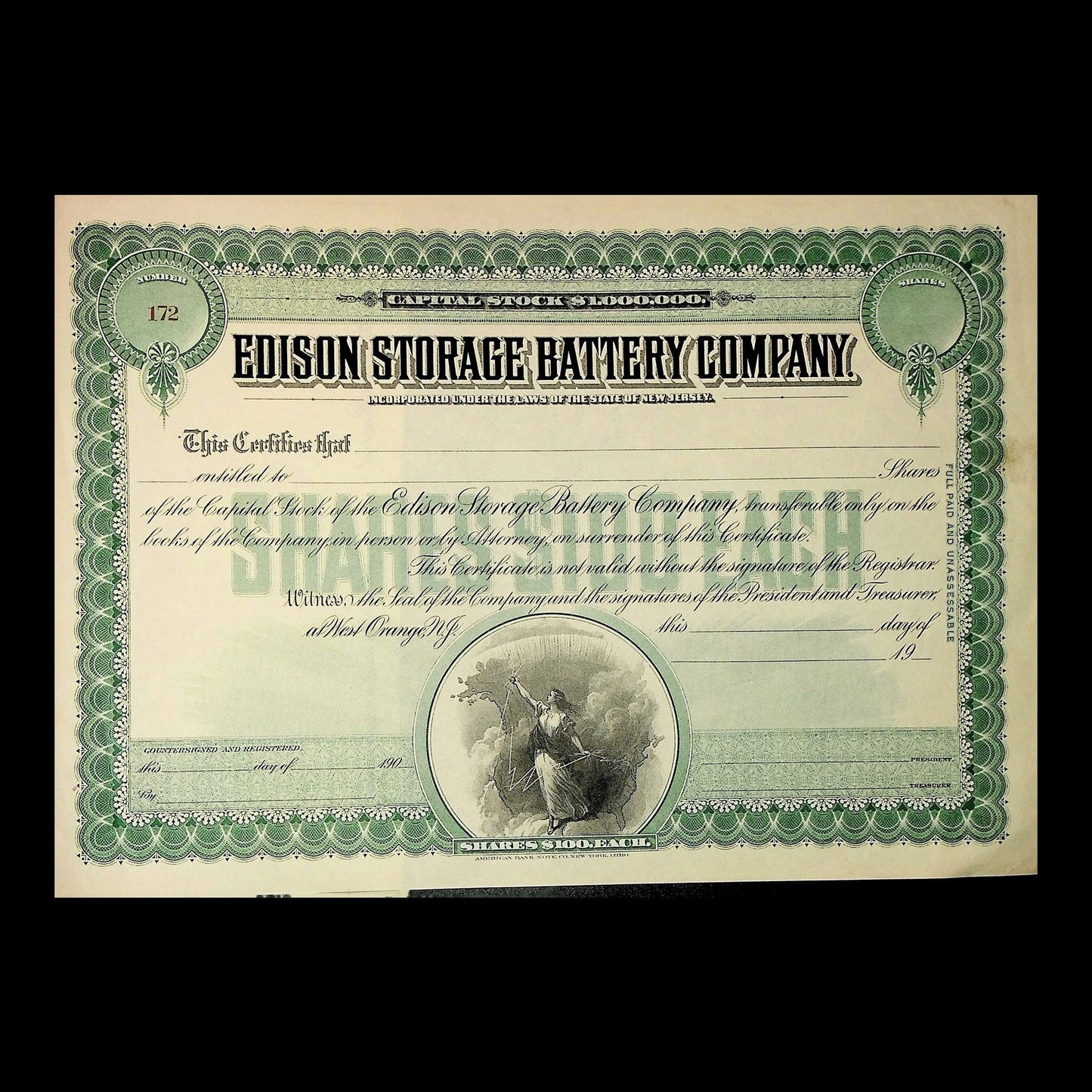 Edison Storage Battery Company Stock Certificate
