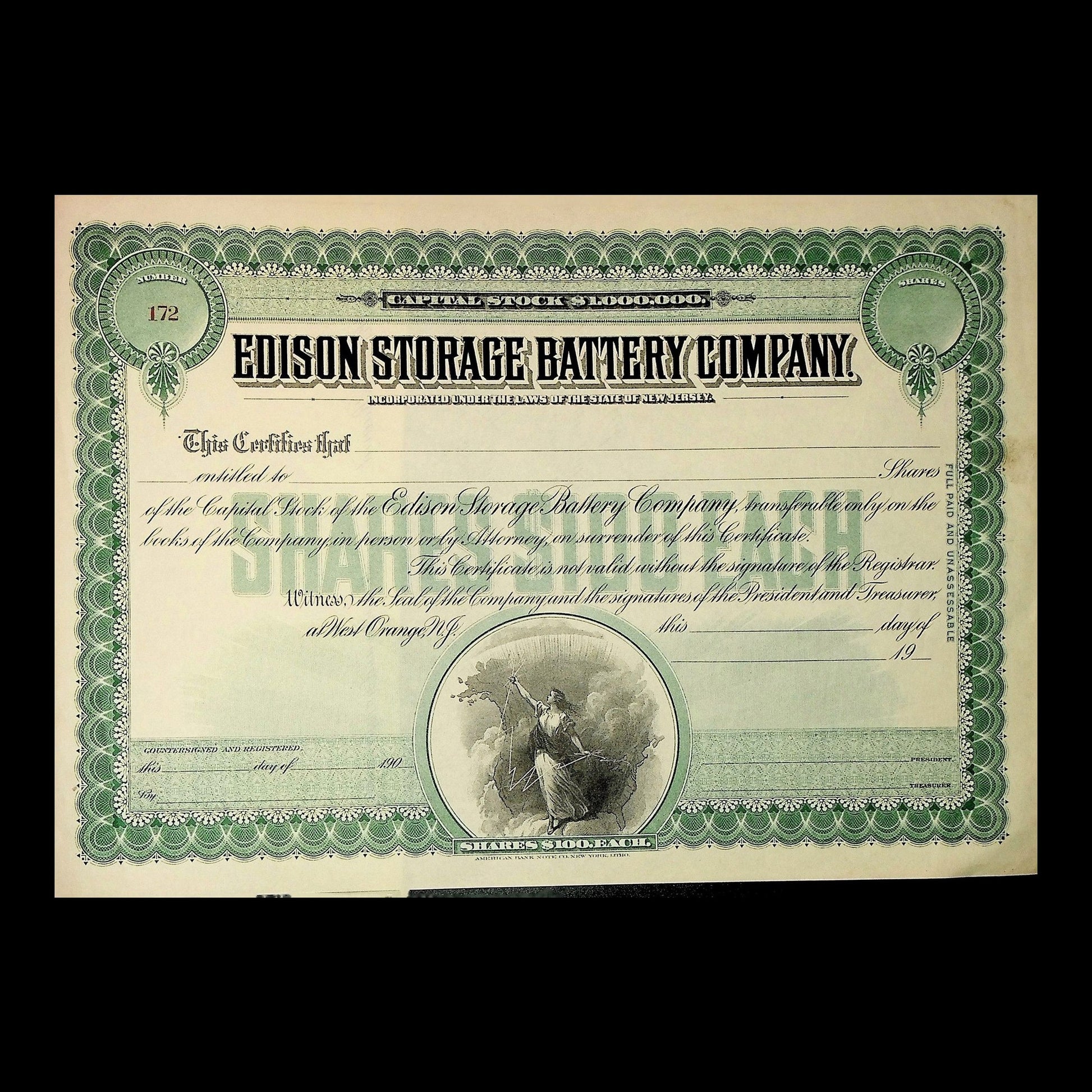 Edison Storage Battery Company Stock Certificate