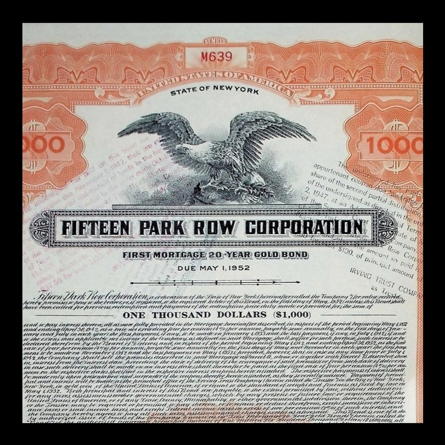 Fifteen Park Row Corporation Gold Bond from 1932 - New York City